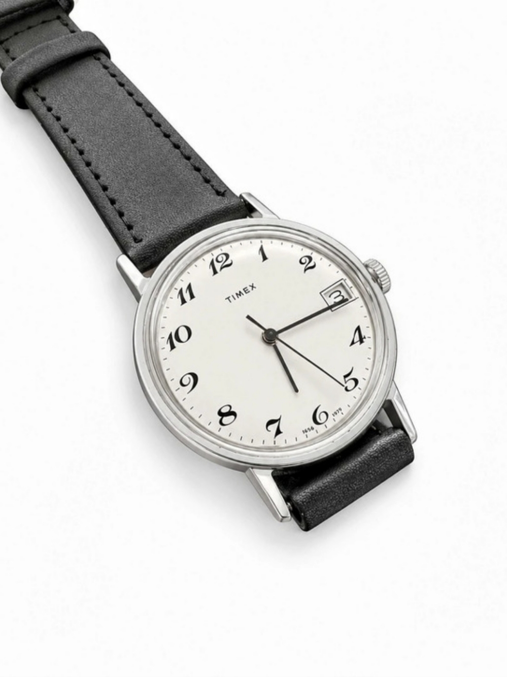 Vintage Timex Men’s Watch White Dial Black Leather Band Date